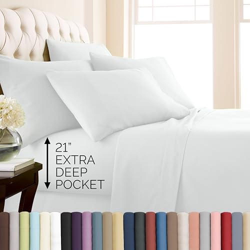 Vilano Springs, set di lenzuola extra profonde da 6 pezzi, di alta qualità, facili da pulire, senza restringimento, con 1 lenzuolo piano, 1 lenzuolo con angoli, 4 federe, bianco brillante, regina