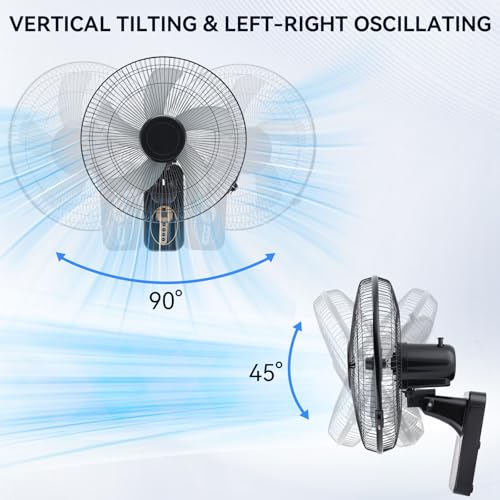 Ventilador de Pared de 16"/40CM, Paquete de 2 Abanicos de Pared con Control Remoto, 5 Aspas, 8 Velocidades, 9H Temporizador, 90° L/R + 45° Vert, Rejilla Metálica, Ideal para Hogar, Oficina o Garaje