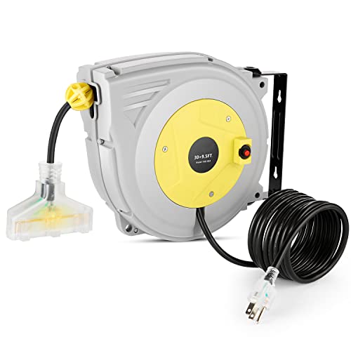 30FT + 9.5FT Retractable Extension Cord Reel, 16 Gauge Power Cord Reel, Ceiling/Wall Mounted Electric Cord Reel with Grounded Triple Tap Outlet + 10A Circuit Breaker + UL Listed