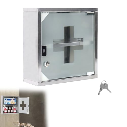 Suusolny Medizinschrank Apothekerschrank Mit Glas Tür Und 2 Schlüssel Abschließbar Medikamentenschrank Aus Edelstahl Hängend Arzneischrank - 2 Fächer 30 X 30 X 12 Cm