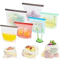 Reusable Silicone Food Storage Bags, 2 Large + 4 Medium Silicone Bags Airtight and Leakproof, Silicone Stash Bags for Vegetable, Liquid, Snack, Meat, Sandwich, Bonus with 3 Produce Bags