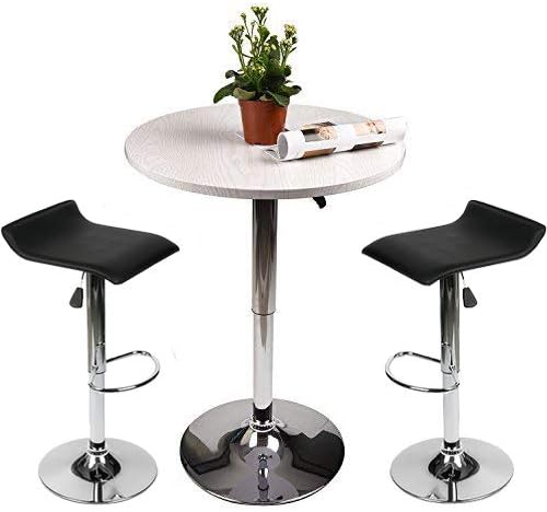 Adjustable Height Bar Table Set Round Bar Table and Chairs with Chrome Metal and Wood Cocktail Pub Table MDFTop 360°Swivel Furniture for Home Kitchen and Bistro