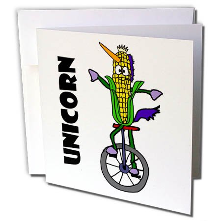 3dRose All Smiles Art Funny - Funny Cute Ear of Corn on Unicycle UNICORN Pun Cartoon - 1 Greeting Card with envelope (gc_265137_5)