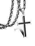 FIBO STEEL Stainless Steel Carbon Fiber Cross Necklace for Men Byzantine Chain Necklace 5MM,22-30 Inches
