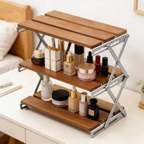 DFJLWKE Étagère à Épices Pliable 3 Niveaux- Acier Inoxydable 40cm | Organisateur de Placard-Hauteur Réglable-Bois de Noyer
