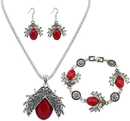 Girls Fashion Mixed Animal Pendant Necklace Dangle Earring Chain Bracelet (Ladybug (Red))
