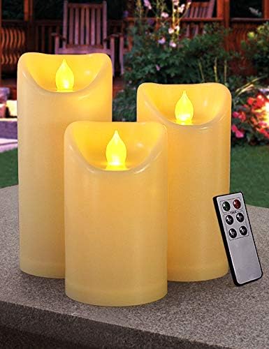 HOME MOST Set of 3 Outdoor Pillar Candles with Timer Waterproof - Battery Operated LED Pillar Candles with Remote 3x5 3x6 3x7 - Cream Plastic Flickering Flameless Pillar Candles Unscented for Outside