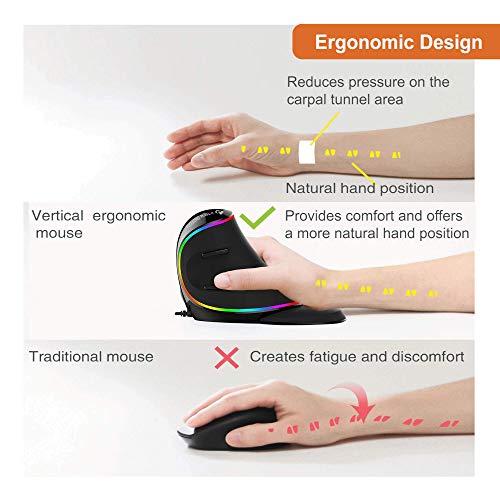 JTech Digital Ergonomic Mouse Wired RGB Vertical Gaming Mouse with 5