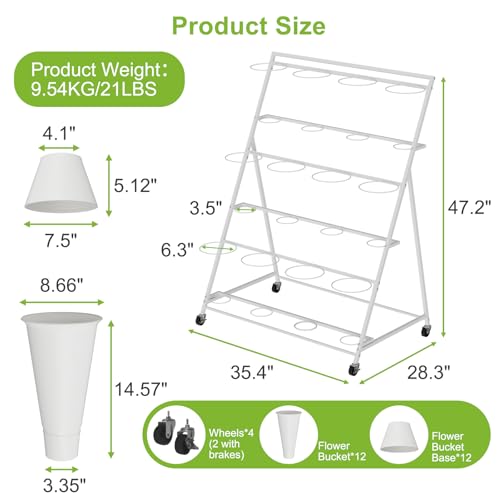 Flower Stand, 3 Tier Flower Display Stand with 12 Buckets, Upgrade Double Circle No Shaking, Outdoor Flower Cart with Wheels for Home, Patio, Garden, Shop, Wedding, Party, Exhibition, Indoor, White (White)