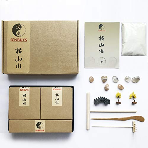 ICNBUYS Mini Zen Garden, Yellow Trees, Bridge, River and Pebbles with Free Tray, Sand, Rake, Bamboo Drawing Pen, Pushing Sand Pen and Zen Garden Drawing Guide Dimensions 7.9 x 5.5 x 0.4 inches - Thumbnail 3