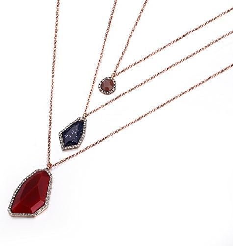 Ellena Rose Three Cubic Zirconia Layering Necklace - Warm Tone 3-Layer Sweater Necklace For Women (Red)