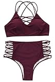 Seaselfie Women's High Waisted Push up Cross Padding Bikini Bathing Suit, Wine Red, Large
