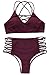 Seaselfie Women's High Waisted Push Up Cross Padding Bikini Bathing Suit, Wine Red, Large