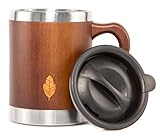 MyHomeIdeas Stainless Steel Bamboo Mug with Lid and Handle - Natural Wood Wooden Light Coffee Tea Mug - Non-breakable Design - 100% Eco And Environmentally Safe - 13.5 oz - Walnut