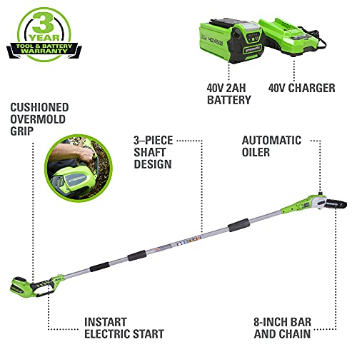 Greenworks 40V 8Inch Cordless Pole Saw, 2Ah Battery and Charger