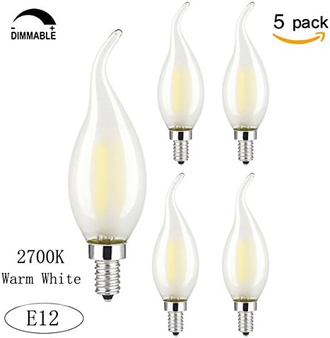 Wonninek 6W Dimmable LED Filament Candle Light, 2700K Warm White 600LM Chandelier LED Bulb, E12 Candelabra Base Lamp, C35 Flame Shape Bent Tip, Frosted Glass Cover, 60W Incandescent Replacement-5 Pack