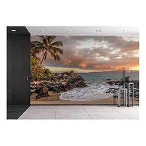 Tropical Seascape with Palmtree and Clear Sea - Removable Wall Mural | Self-Adhesive Large Wallpaper - 66x96 inches