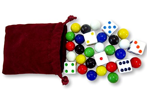 Game Bag of 24/14mm Glass Marbles and 6 Dice for Aggravation Game