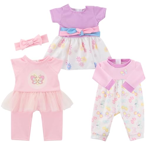 ECORELF Baby Doll Clothes, 3 Set 18 Inch Doll Girl Clothes and Accessories 4 Pcs Include Jumpsuits Skirt Headband (No Dolls)