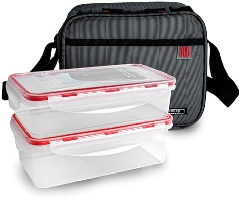 Saco de Comida Térmica 4,2 L - Saco Térmico Conjunto com 2 Recipientes Herméticos de 0,6 L e 0,8 L, Lancheira de Parede Extra Espessa com Efeito Frigorífico, Lancheiras de Trabalho, Camping, Cinzento