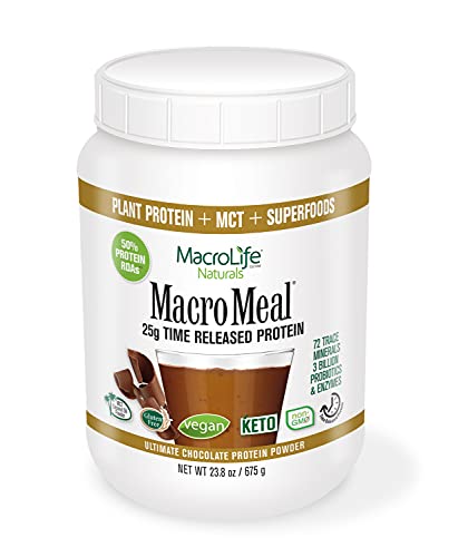 MacroLife Naturals MacroMeal Vegan Chocolate Protein Powder Superfood Greens Probiotics + Fiber, Immune Energy Digestive Daily Essentials for Women & Men Gluten-Free - 23.8oz (15 Servings) Chocolate