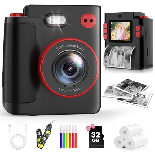 Instant Print Camera for Kids - Classic Black Digital Camera for 3-12 Year Olds, 1080P HD with 32GB SD Card, Selfie Mode & Durable Design, Ideal Christmas Birthday Gift, Portable Travel Toy