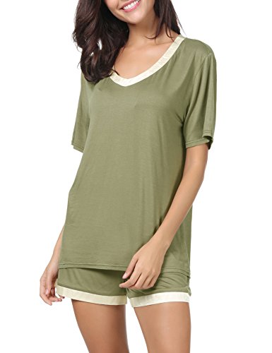 Invug Women Short Sleeve T Shirt and Shorts Pajamas Sleepwear Set Loungewear Army Green XL - Thumbnail 5