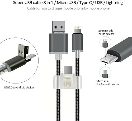Kitbox 8 in 1 Super USB Charging Cable Power Transmission Multi-Port Micro USB/ USB /Type C Lightning Multi-Ports Cable For Apple / iPad/ Samsung/LG Smart phones (gray+black)