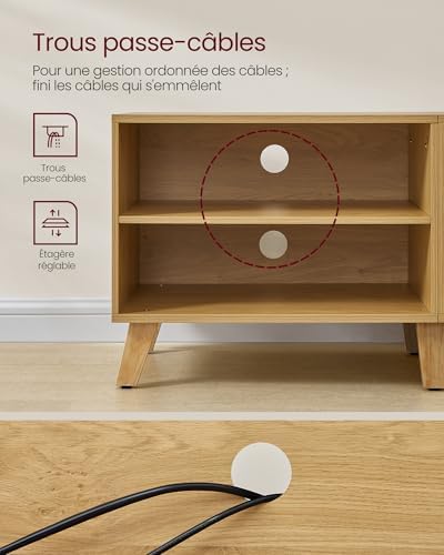 Meuble TV 2 Portes, Support Télé avec Étagères Réglables, Longueur 140 cm, pour Télévisions 60 Pouces, Salon, Salle à Manger, Chambre, Chêne Naturel et Blanc Crème LTV027N01
