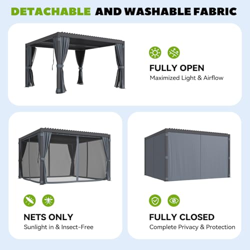 MELLCOM Louvered Pergola 10'x12', Aluminum Pergola with Adjustable Louvered Roofs, Outdoor Gazebo with Waterproof Curtains and Nets (10'x12' Black)
