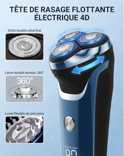 Rasoir Électrique Homme avec Écran LCD, 4D Tête Flottante, IPX7 Étanche pour Rasage Sec et Humide, Rasoir Barbe Homme Rechargeable USB avec Tondeuse Rétractable, Rasoir Sans Fil (Bleu Dégradé)