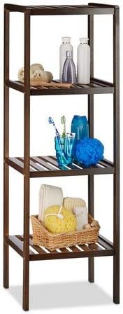 Relaxdays Bamboo Bath Rack with 4 Shelves, HxWxD: 110 x 34.5 x 33 cm, Tall Freestanding Shelving Unit, Wooden Shelves, Dark Brown