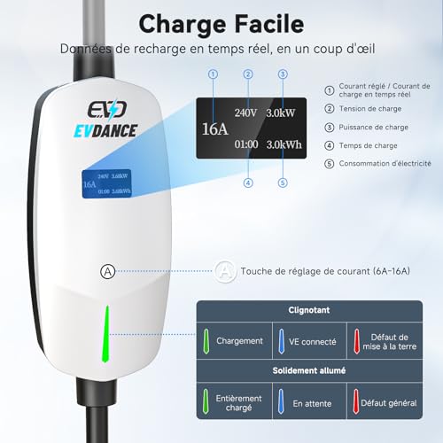 EVDANCE Type 2 Electric Car Charger (6-16A, 3.68kW, 6.1m) Adjustable Intensity Electric Car Charging Cable Portable Charger Waterproof IP66 with Carry Bag for EV IEC62196-2, White