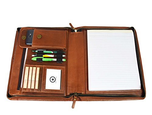 Premium Genuine Leather Business Portfolio and Professional Organizer, With a Zippered Closure,By Aaron Leather (Dark Tan w/o Handle)