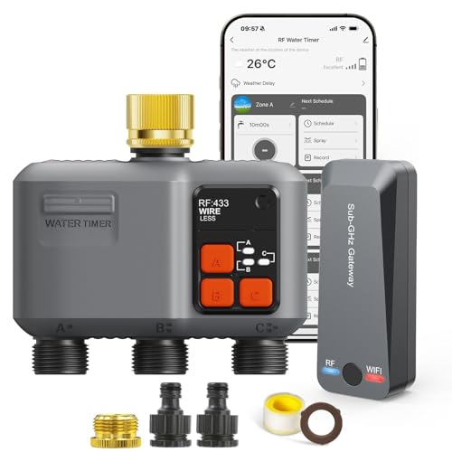 WLAN Watering Computer 3 Outputs with Brass Inlet/RF 300M Technology, Garden Watering Clock, Compatible with Alexa & Smart Life App, Automatic Watering System for