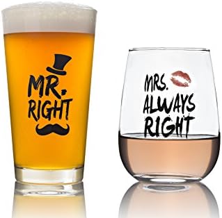His and Hers Gift - Mr. Right and Mrs. Always Right 16 oz Novelty Beer Glass and 16 oz Stemless Wine Glass - Perfect Wedding and Engagement Gift - Funny Wedding Present