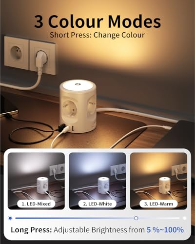 Tower Power Strip Sockets 16A with LED Night Lights 3 Lighting Modes, Cube Power Strip Sockets with USB Extension Plug 3M, Thief Sockets with Switch for Home Office Socket Power Strip