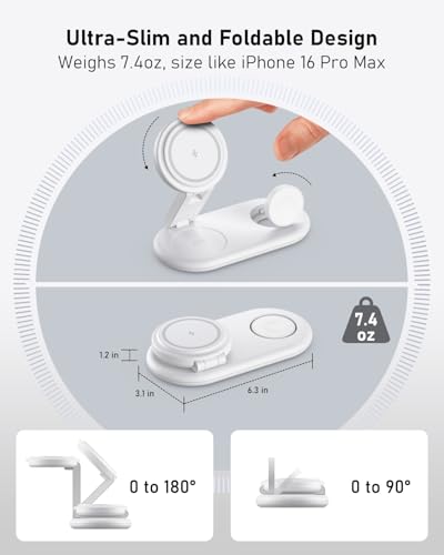 3 in 1 Wireless Charging Station for Apple,Foldable Fast Magnetic Travel Wireless Charger Dock for MagSafe Charger Stand for iPhone 17/16/15/14/13,for Apple Watch,for AirPods