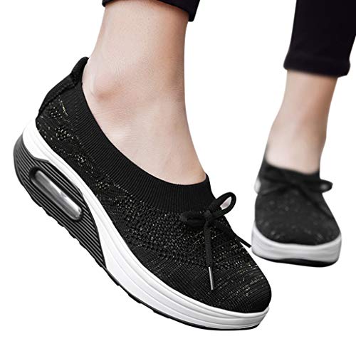 Emimarol Womens Walking Tennis Shoes Slip On Light Weight Mesh Platform Air Sneakers Black