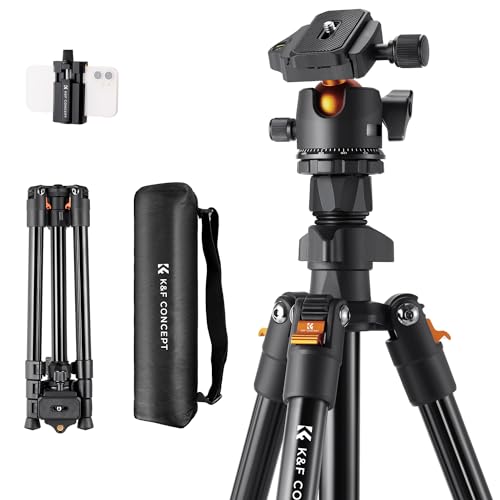 K&F CONCEPT 64 inch/163cm Camera Tripod,Lightweight Aluminum Travel Outdoor Tripods with Metal Ball Head Load Capacity 8kg/17.6lbs,Phone Holder, Quick Release Plate, for DSLR Cameras O234A1+BH-36