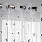 Deconovo White Voile Sheer Curtains Grommets Silver Star Foil Print Curtains for Bedroom Room 52 x 84 Inch White 2 Panels