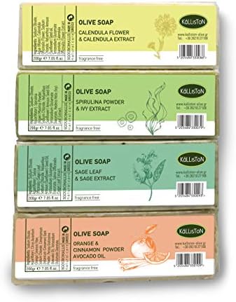 Kalliston, Variety 4 Pack, Olive Soaps with Herbs, Anti-Bacterial, Anti-Microbial, Detoxifying & Cleansing Olive Oil Soap, Born in Greece, 200g each soft bar, Pack of 4