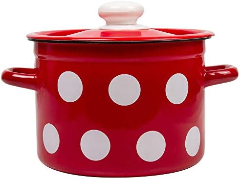 Stockpot Enameled Steel Pot Red White Polka-dot Enamelware Pot with Lid Kitchen Pot Cooking Pot (5.5)