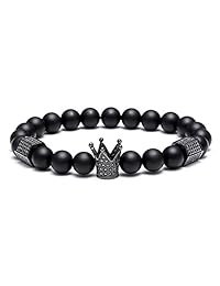 Brazalete Sevenstone (0,3 pulgada), con abalorios y corona de rey como adorno, para hombres mujeres, cuentas de piedra de ónix negras y mates
