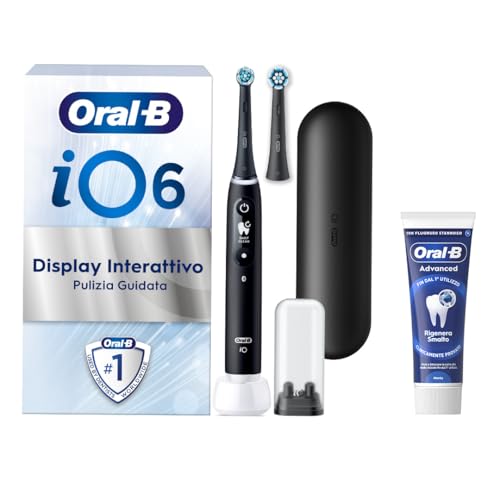 Oral-B iO 6 Spazzolino Elettrico Ricaricabile, 2 Testina di Ricambio, Nero - 2 Testine di Ricambio per Spazzolino Elettrico, Custodia da Viaggio + 1 Dentifricio Advanced Rigenera Smalto, Pulizia Denti