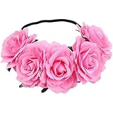 DNHCLL Rose Flower Crown Headband (Pink) for Women Girl - Handmade Polyester Hair Accessory with Elastic Bands - Perfect for Weddings, Festivals, Photoshoots, and Everyday Wear
