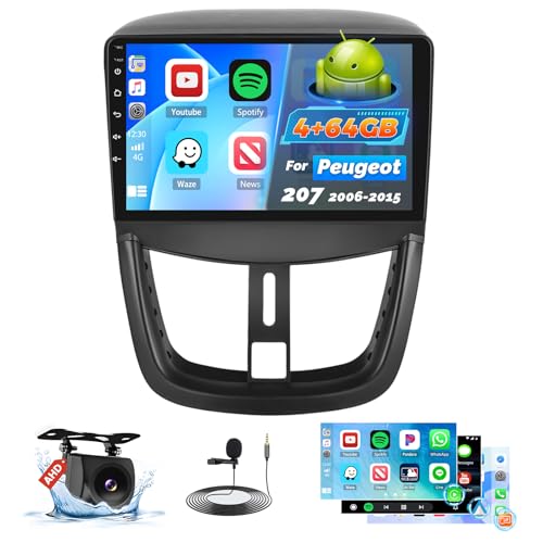 Roinvou 4+64G Android Car Radio for Peugeot 207 2006-2015 Wireless CarPlay Android Auto MirrorLink, 9 Inch Touch Screen Radio with Bluetooth WiFi GPS 32EQ FM/RDS SWC Backup Camera