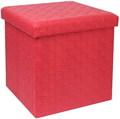 B FSOBEIIALEO Storage Ottomans, Faux Leather Footrest Stool, Folding Storage Box Cube Toy Chest, 15"x15"x15" (Red, Medium)