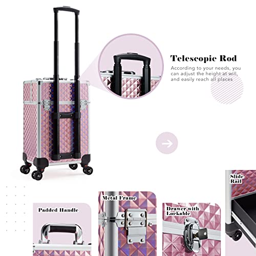 Rolling Makeup Case with Drawer Cosmetology Case on Wheels Makeup