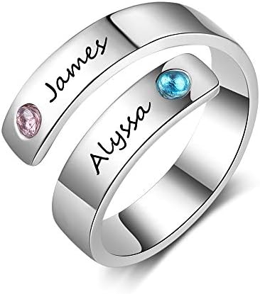 Fortheday Personalized Spiral Twist Ring Engraved Names BFF Wrap Rings with 2 Simulated Birthstones for Women Best Friends Promise Rings for Her